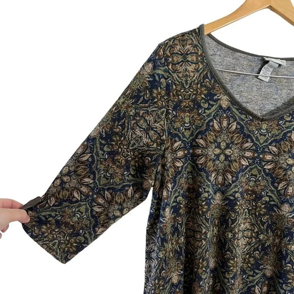 Catherines Tunic Blouse 14W 16W Earth Tones Sharkbite Hem Knit Floral V Neck Top - Picture 3 of 8